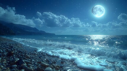 A rocky beach at night, with waves crashing against the shore under the light of a full moon