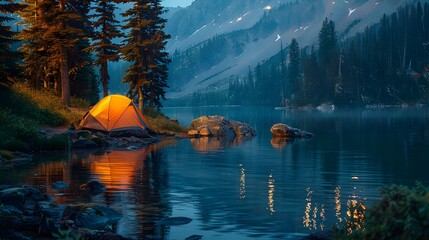 A tent pitched beside a serene lake, with the reflection of stars shimmering on the water's surface