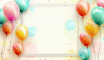 Happy birthday greeting card with simple frame with realistic air filed balloons. Birthday card design, in multicolors, in the style of Player colors, with a bundle of balloons.