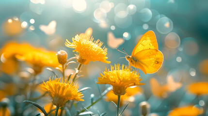 Wall Mural - Cheerful buoyant spring summer shot of yellow Santolina flowers and butterflies in meadow in nature outdoors on bright sunny day, macro. Soft selective focus