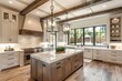 © RM Graphics - Traditional kitchen in beautiful new luxury home with hardwood floors, wood beams, and large island quartz counters. Includes farmhouse sink, elegant pendant lights, and large windows