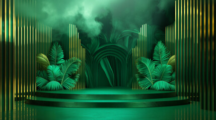 Tropical paradise stage with golden pillars and lush green foliage. Copy space. Generative AI	