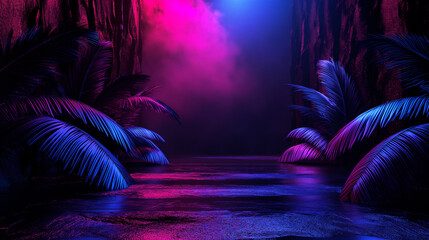 Wall Mural - Tropical night oasis with neon lights and vibrant foliage. Copy space. Generative AI	