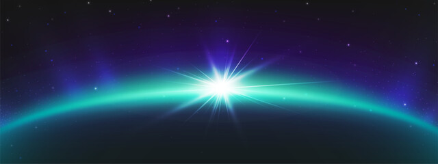 Wall Mural - abstract planet horizon blue crescent glow with bright sparkle and rays on dark starry sky backgroun