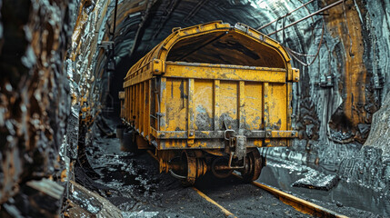 A yellow ore cart travels on tracks through a dark, narrow mine tunnel