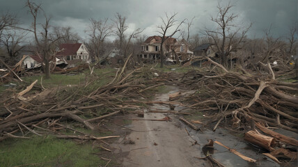 Wall Mural - Tornado's Trail: Exploring the aftermath of a tornado's fury, where uprooted trees and demolished buildings tell the story of nature's indiscriminate wrath, Generative AI