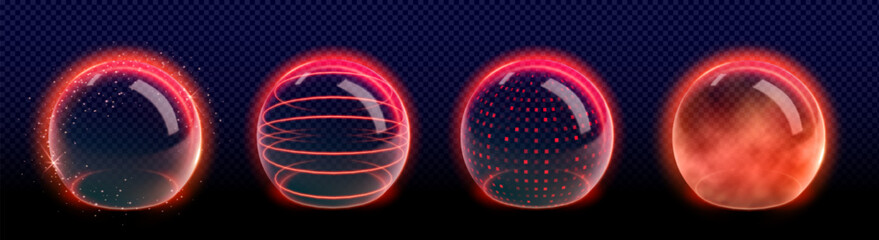 Wall Mural - 3d abstract red protect shield sphere with energy barrier. magic dome shape with glitter effect. fut