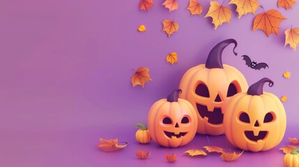 Wall Mural - A group of three pumpkins sitting on top of a purple surface