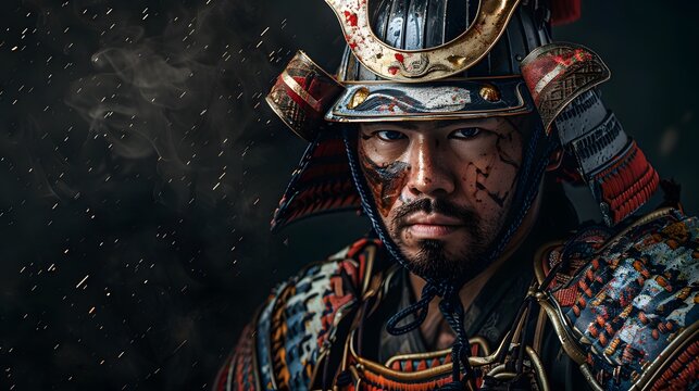 Portrait of a samurai in armor in attack position, close up Japanese warrior portrait isolated on black background with copy space