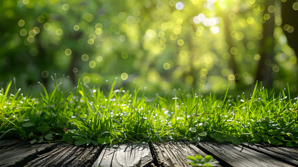 Wall Mural - Fresh spring green grass with green bokeh and sunlight and wood floor. Beauty natural background