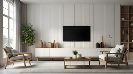 Wall Mural - Mockup a TV wall mounted with decoration in living room and white wall.3d rendering.