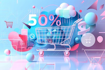 Leinwandbilder - A futuristic, abstract background featuring a shopping cart, 50% off text, and other digital elements. Generative AI