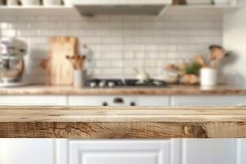 Wood table top on blurred kitchen background. can be used mock up for montage products display or design layout with generative ai