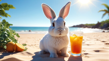 Wall Mural - Sunny Rabbit Retreat: A Cute Bunny Soaks Up the Sun on the Beach, Enjoying a Refreshing Drink, Generative AI