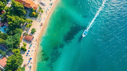 Wall Mural - Resort Sunny Beach Bulgaria view of the beach in summer. Panoramic top view Sunny Beach Bulgaria. The boat into the sea.