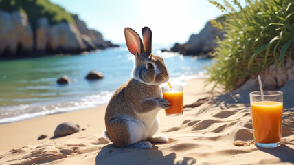 Wall Mural - Shoreline Serenity: A Charming Rabbit Takes a Break by the Coast, Enjoying a Sip of Juice Under the Sun, Generative AI