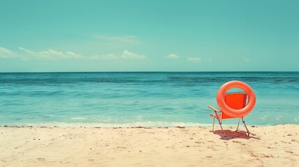 Wall Mural - Summer beach holiday concept. A chair and an inflatable swimming ring on sand of beach against the backdrop of the sea and blue sky.