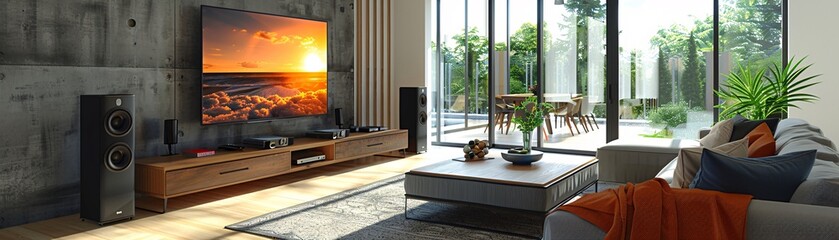 A 3D character installs a wall-mounted TV in the living room, completing the entertainment setup. The image captures the modern aspect of setting up a new home.