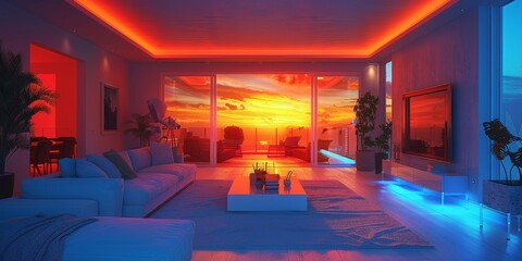 Wall Mural - The room has a beautiful sunset view in the background with a touch of nature
