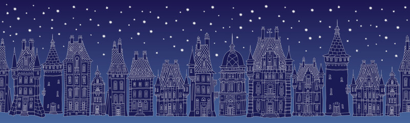 Wall Mural - Christmas and New Year seamless border pattern. Fairy tale European houses panorama. Hand drawn blue and white sketch on a dark blue background