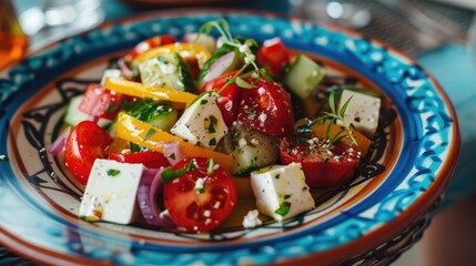 Canvas Print - Greek salad served on a colorful plate at a dining establishment