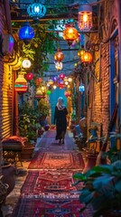 Wall Mural - A woman walking down a narrow alley way