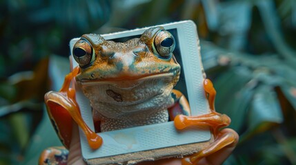 A frog peeks out from a photo frame, its large eyes staring directly at the viewer. The photo has a vintage feel and is surrounded by green foliage.
