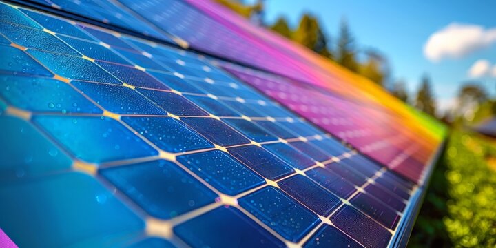 A close up view of a solar panel in rainbow colors under the sunlight