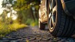 © daniel - A close-up view of a car tire driving on a cobblestone road at sunset