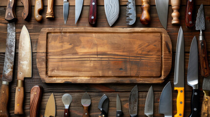 A wooden board with a bunch of knives on it