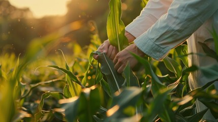 Canvas Print - The farmer holding corn leaves