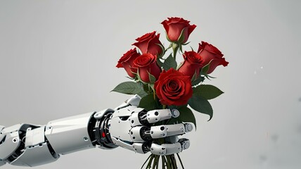 Wall Mural - Humanoid robot hand holding a bouquet of red rose flowers isolated on white background with copy space.