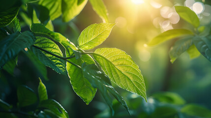 Wall Mural - Nature of green leaf in garden at summer under sunlight. Natural green leaves plants using as spring background environment ecology or greenery wallpaper