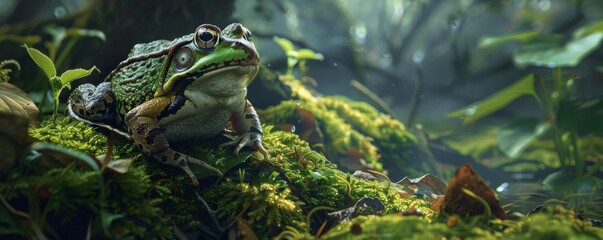 Green frog resting in a lush forest