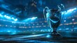 © leymart - Champions League Trophy Illuminated. The prestigious Champions League trophy illuminated under spotlight on a stadium field, symbolizing victory and excellence in football.