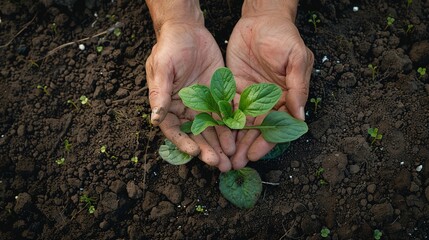 Wall Mural - Aerial view of a gardener's hands nurturing a seedling in freshly tilled soil, emphasizing the connection to nature and the environment