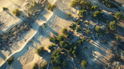 Sticker - Develop an aerial scene of a desert landscape, capturing the endless sand dunes, the play of shadows and light, and the occasional vegetation breaking the monotony.