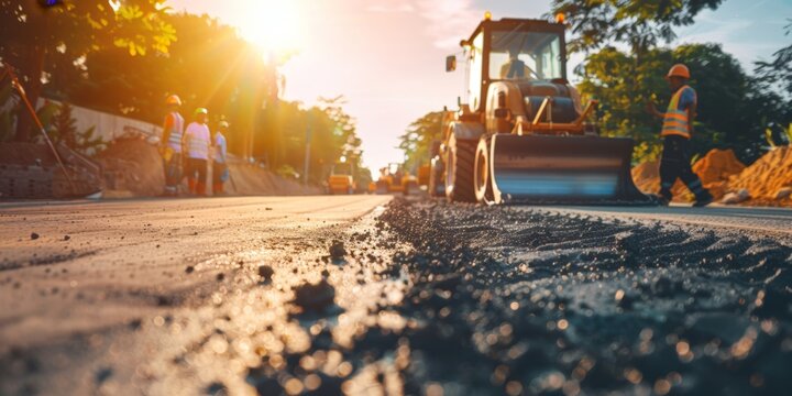Construction Work at Golden Hour: Workers, Road Roller, and Fresh Asphalt Pavement