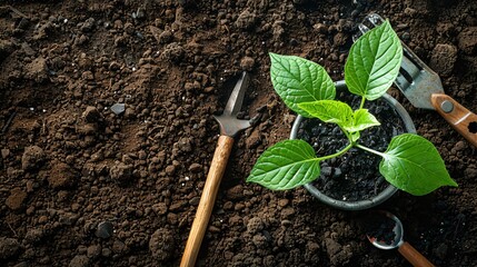 Wall Mural - High-angle view of a sapling growing in a garden bed, surrounded by rich dirt and accompanied by gardening tools, showcasing the concepts of growth and environmental care
