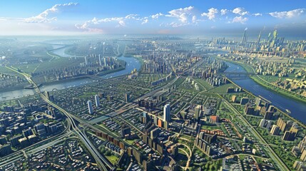 Poster - Develop an aerial view of a sprawling metropolis, with skyscrapers, bridges, rivers, and the intricate layout of the urban environment, illustrating the scale and complexity.