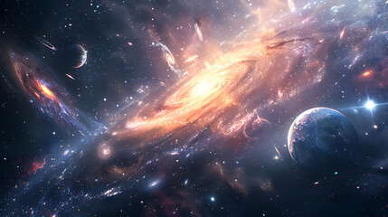 Wall Mural - space scene with planets, stars and galaxies. panorama