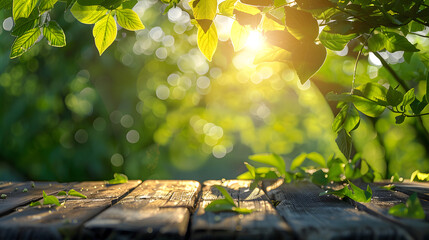 spring summer beautiful natural background with green foliage in sunlight and empty wooden table out