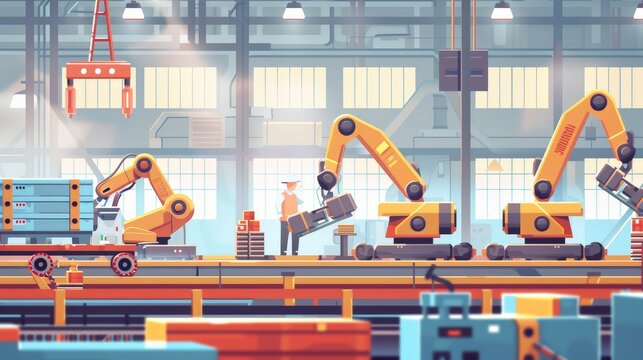 Illustrate a busy car factory assembly line, showing the intricate process of car manufacturing, with robots and workers collaborating seamlessly.