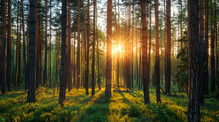  Sunlight In Green Coniferous Forest, Summer Nature