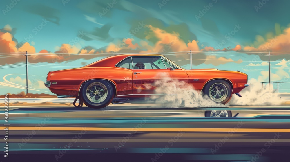 Illustrate a retro muscle car in a drag race, capturing the raw power ...