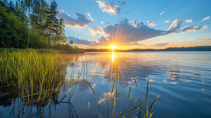 Wall Mural - sunset at coast of the lake. Nature landscape. Nature in northern Europe. reflection, blue sky and yellow sunlight. landscape during sunset