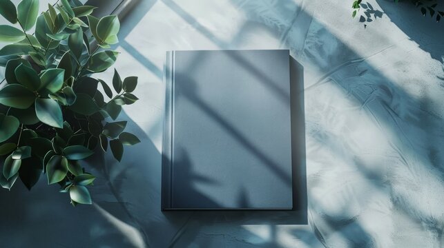 Closed black book on a marble surface with sunlight and shadows, surrounded by green plants. Perfect for literature and study themes.
