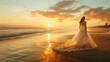© Leli - Bride walking on the beach at sunset during a wedding ceremony