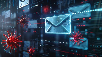 Email security concept Security protection Email from spam virus and phishing Email fraud Scam mail virus alert hacker Check email notification junk and trash mail and compromised info : Generative AI