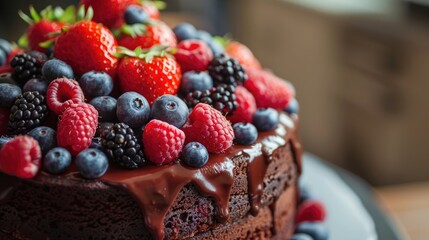 Wall Mural - Chocolate Cake with Cocoa and Raspberry Filling Topped with Fresh Berries